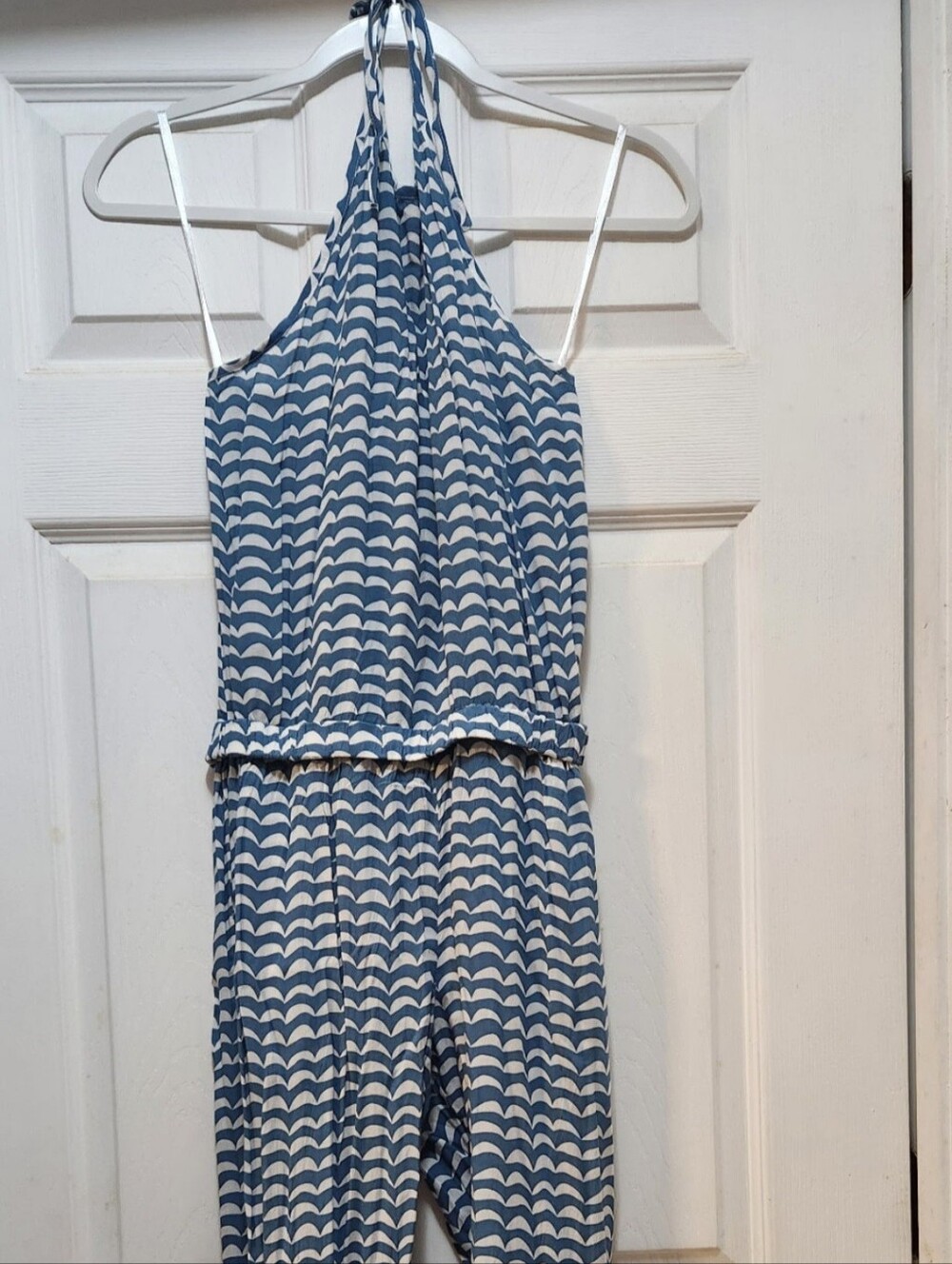 Ava Sky/Fighting Eel Blue and White Wave Print One-Piece Halter Romper